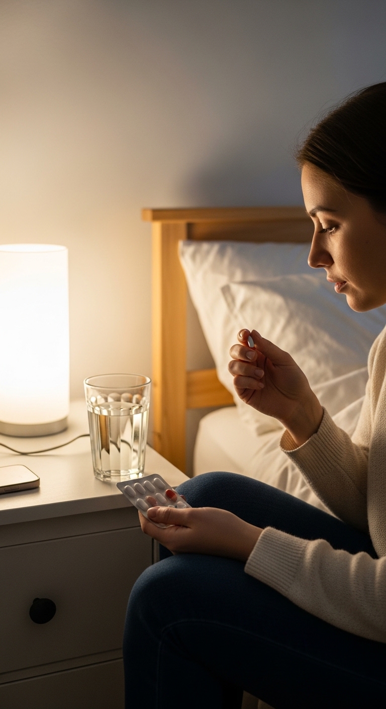 A woman is taking a pill to get rid of vaginal odor.