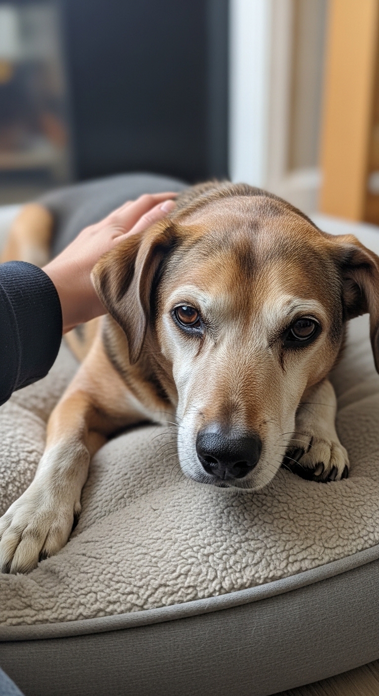 A person petting a dog.