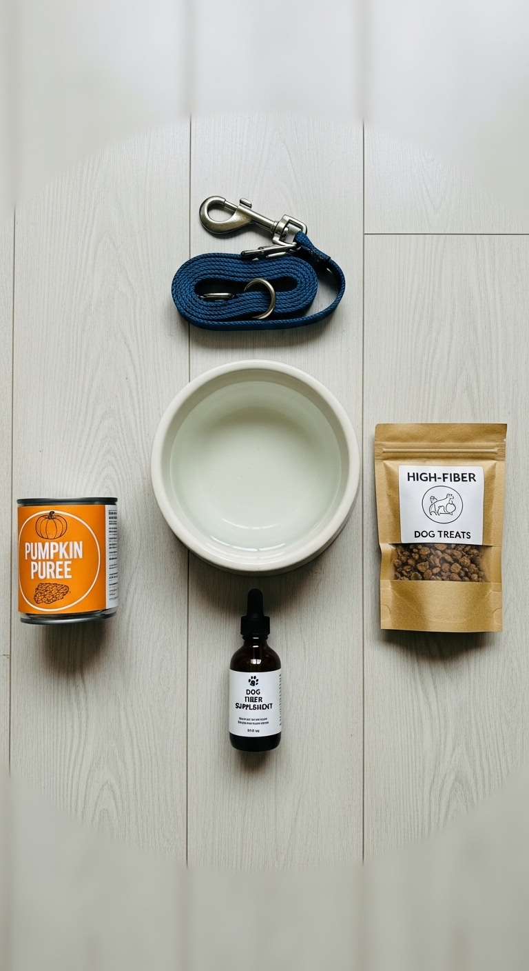 A bowl of water, a bag of dog treats, and a bottle of oil are on a table.