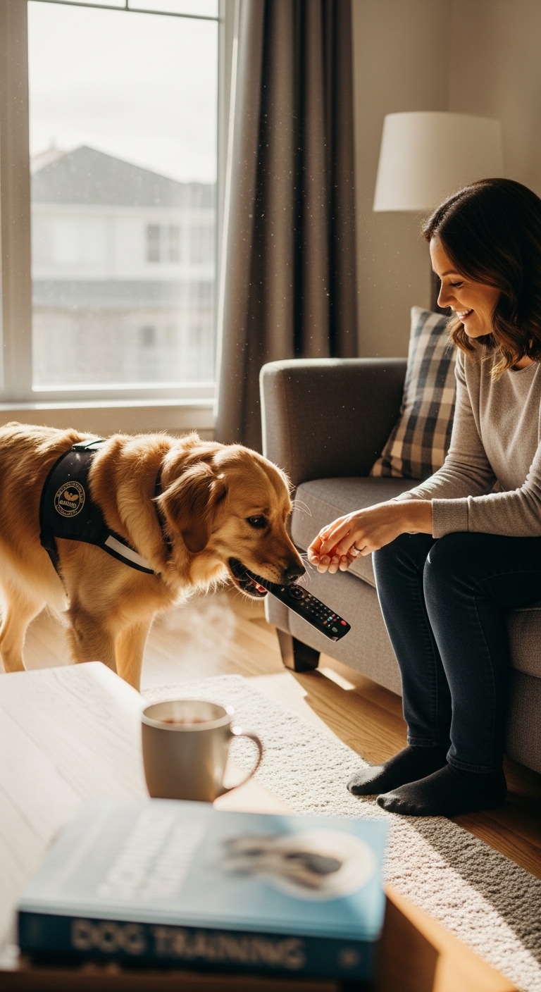 A woman is teaching her dog how to be a service dog.