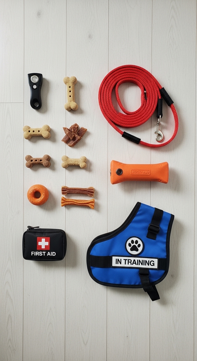 A collection of dog training equipment.