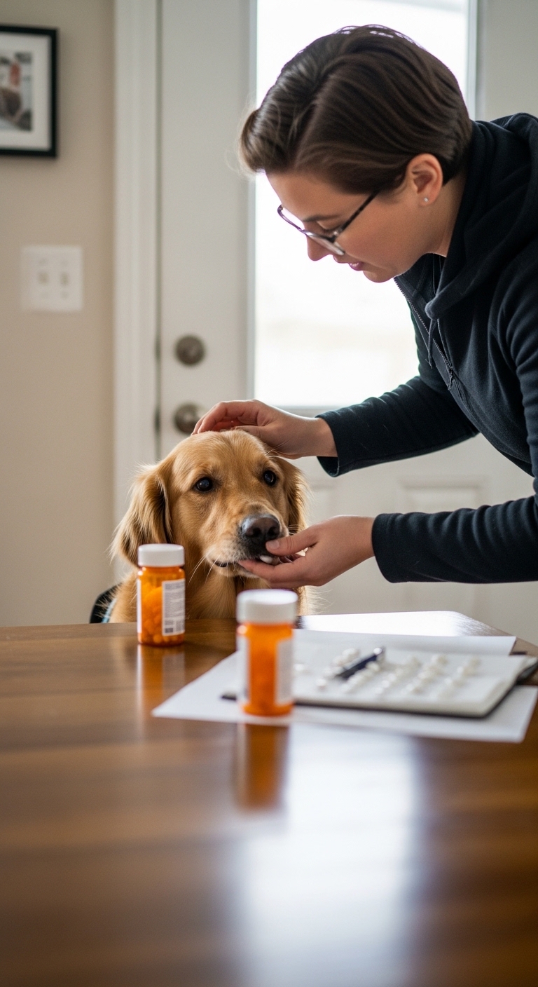 A woman is teaching her dog to take medication.