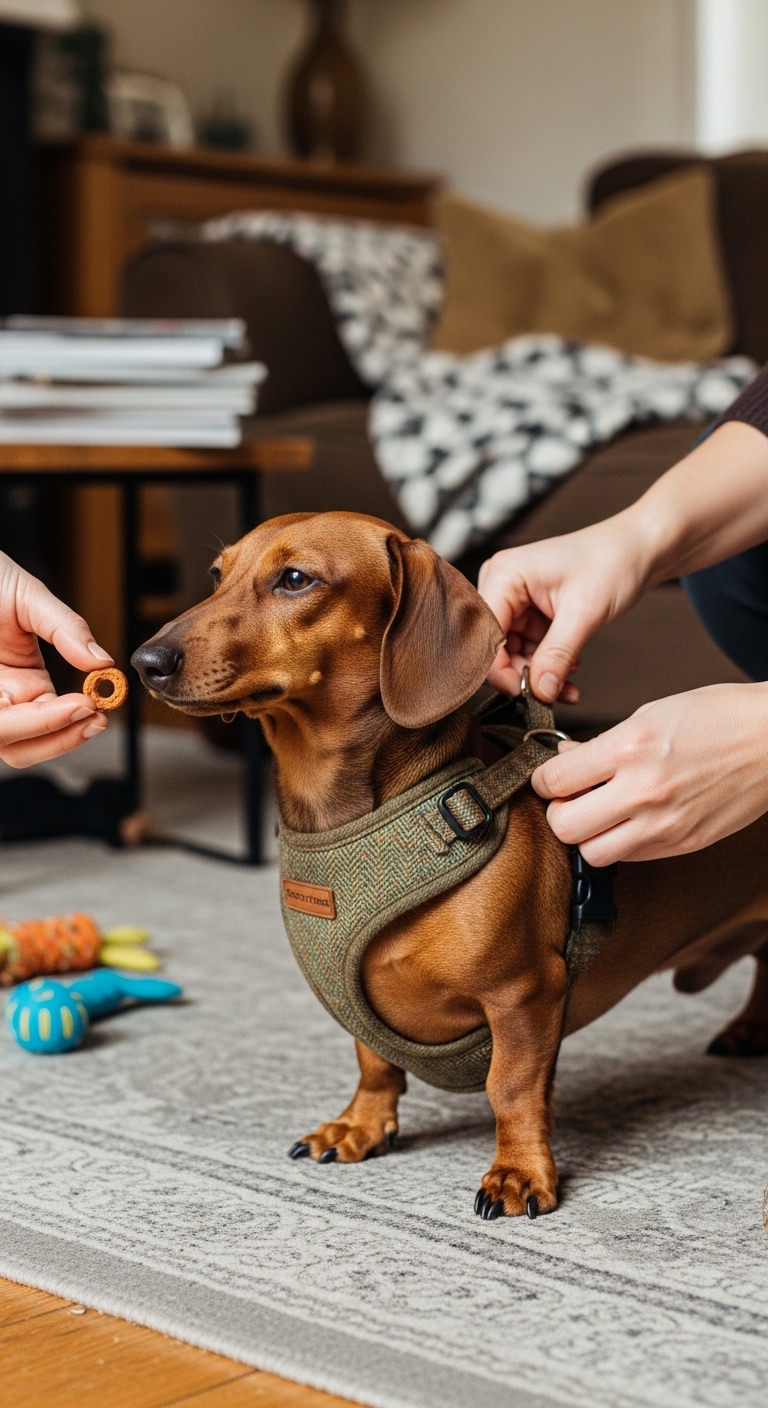 A person is putting a harness on a dog.