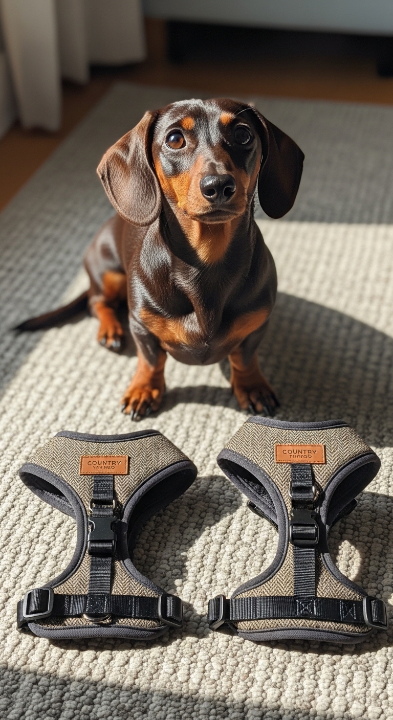 A dog wearing a harness.