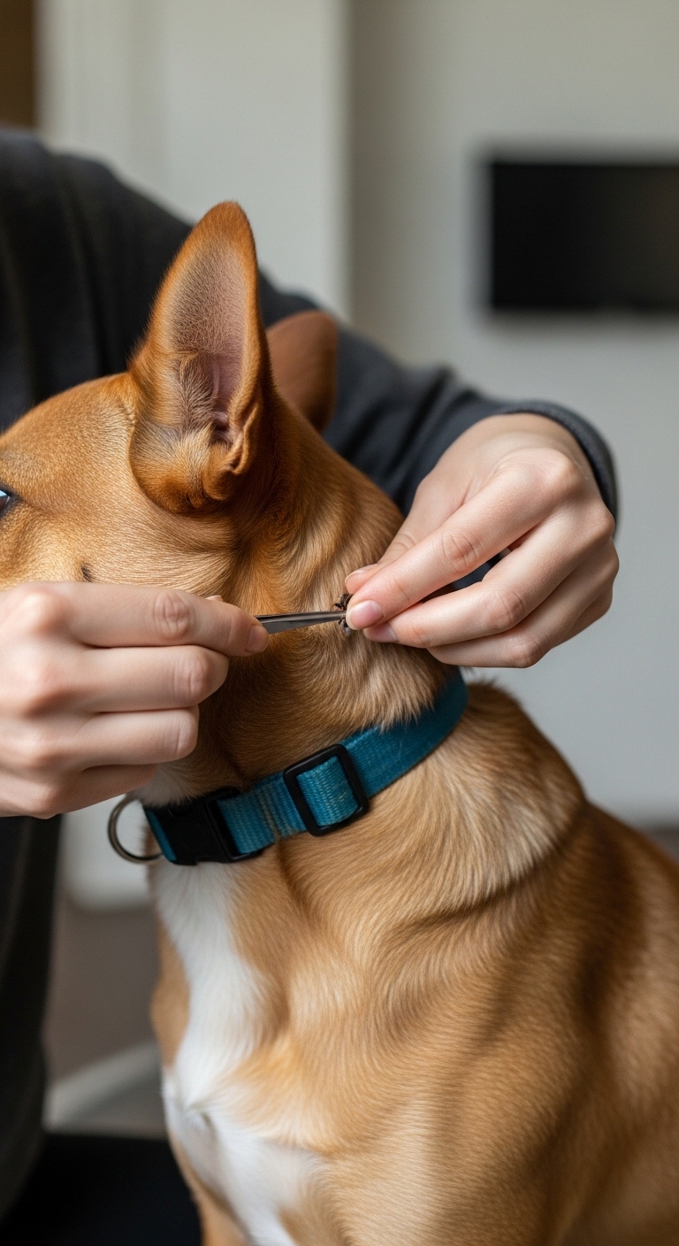 A person is grooming a dog with a blue collar.