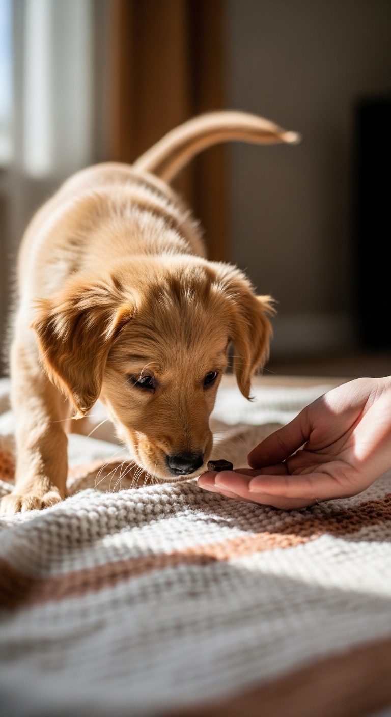A person is feeding a puppy a treat.