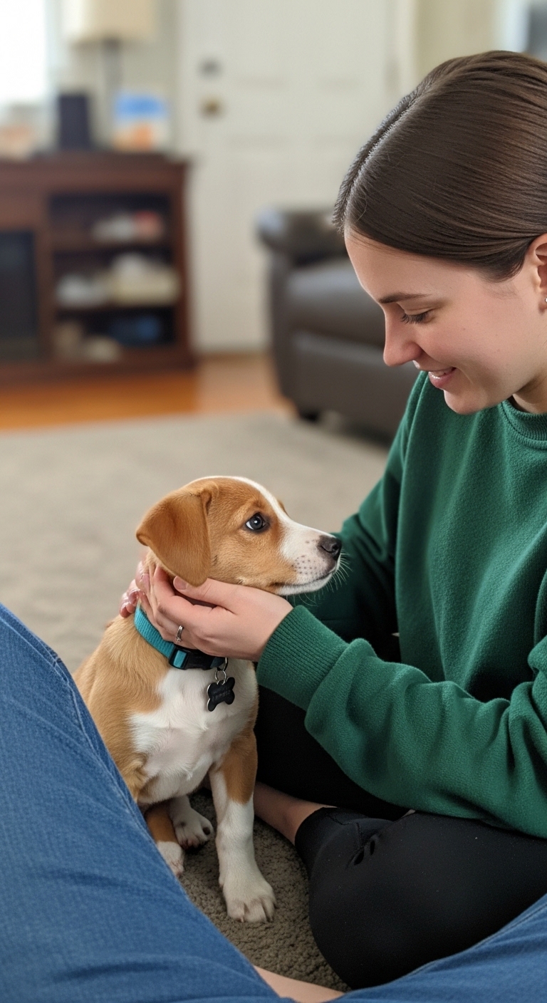 A woman is holding a puppy in her arms.