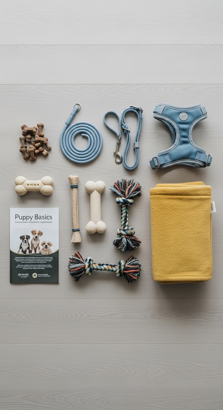 A variety of dog toys and accessories are laid out on a table.