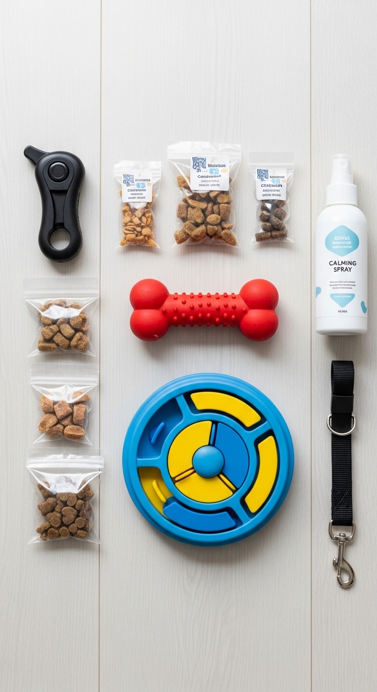 A dog toy and a bottle of Calming Spray are on a table.