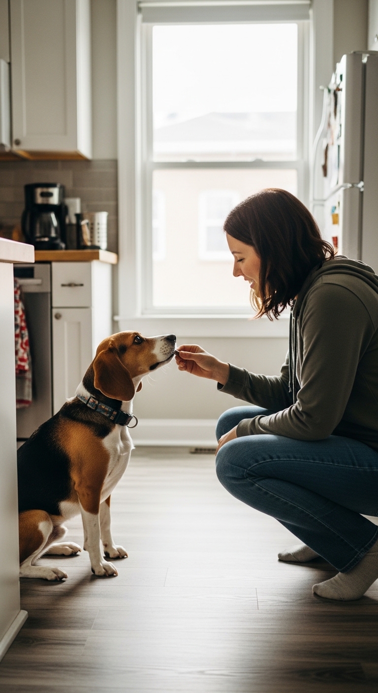 A woman is holding a dog's muzzle to stop it from barking.