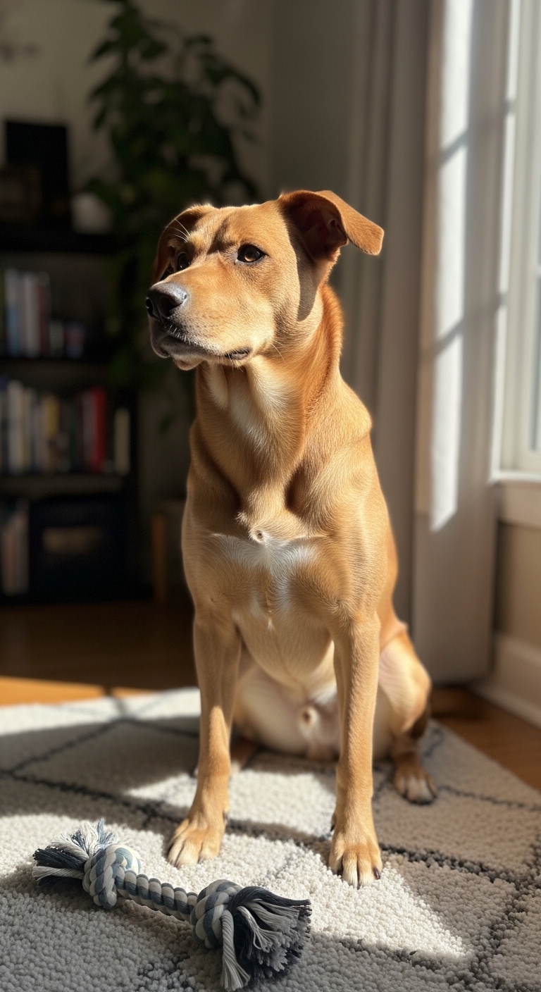A dog is sitting on a rug and looking at the camera.