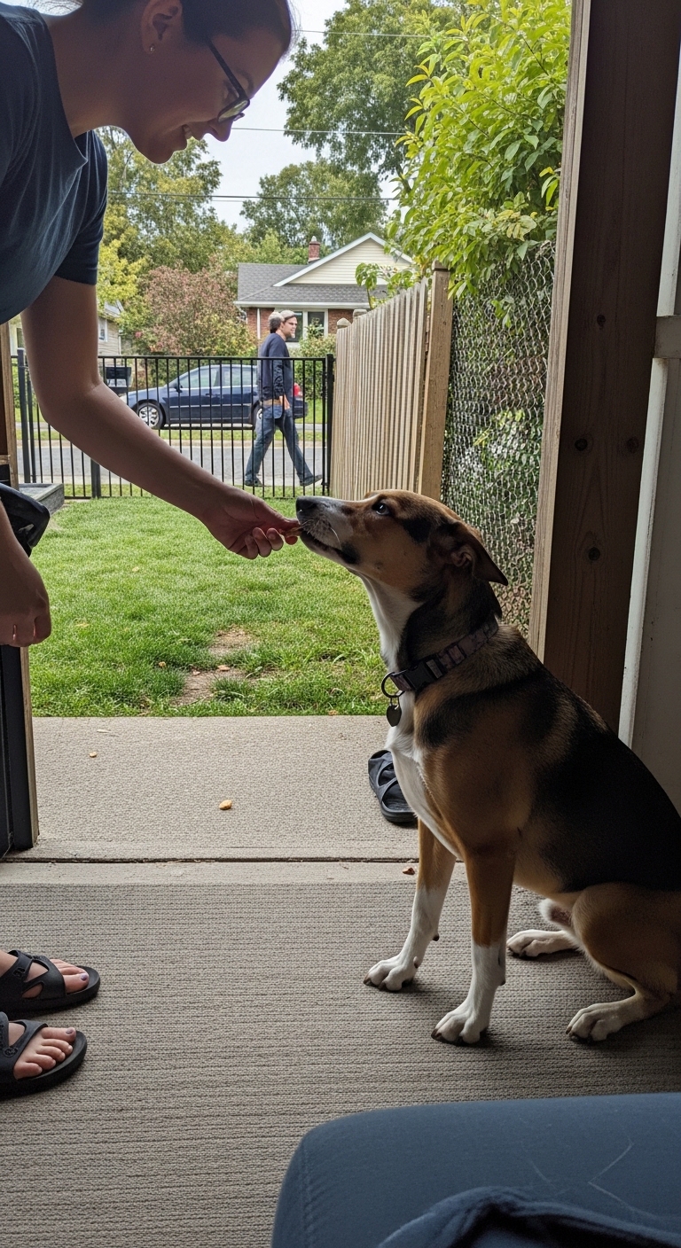 A person is feeding a dog a treat.