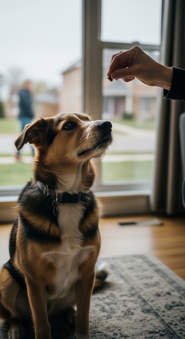 A dog is looking up at a person holding a treat.