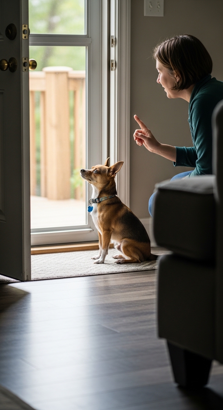 A woman pointing at a dog.