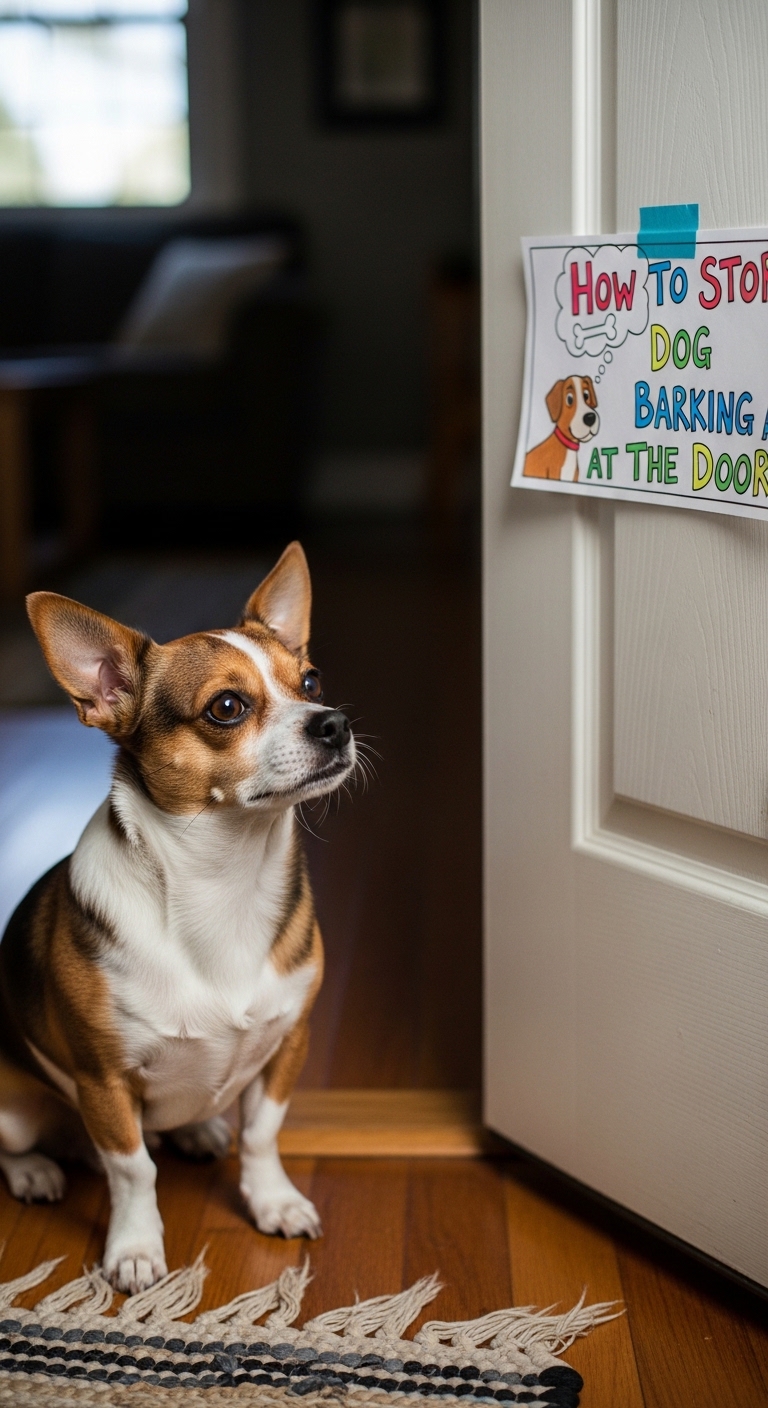 A dog is looking at a sign that says "dog barking at door".