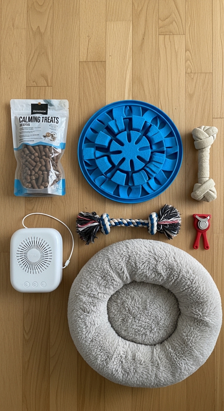 A collection of items to help a dog stop barking at night.