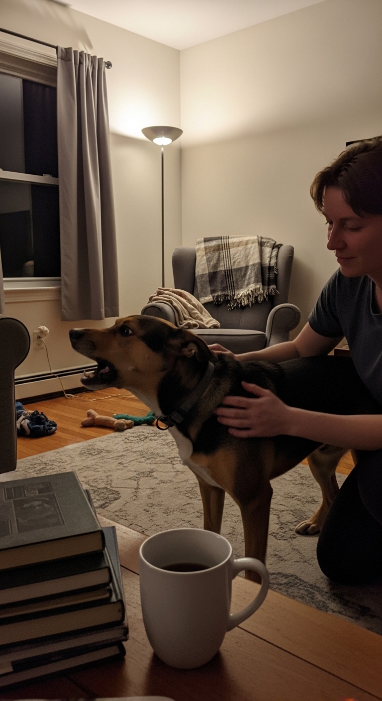 A woman is petting a dog that is barking.