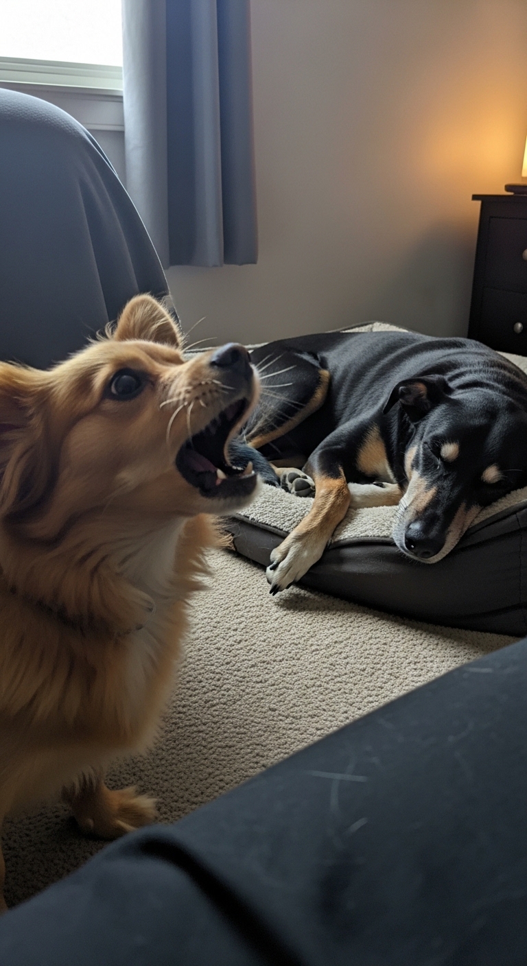A dog yawning while another dog barks.
