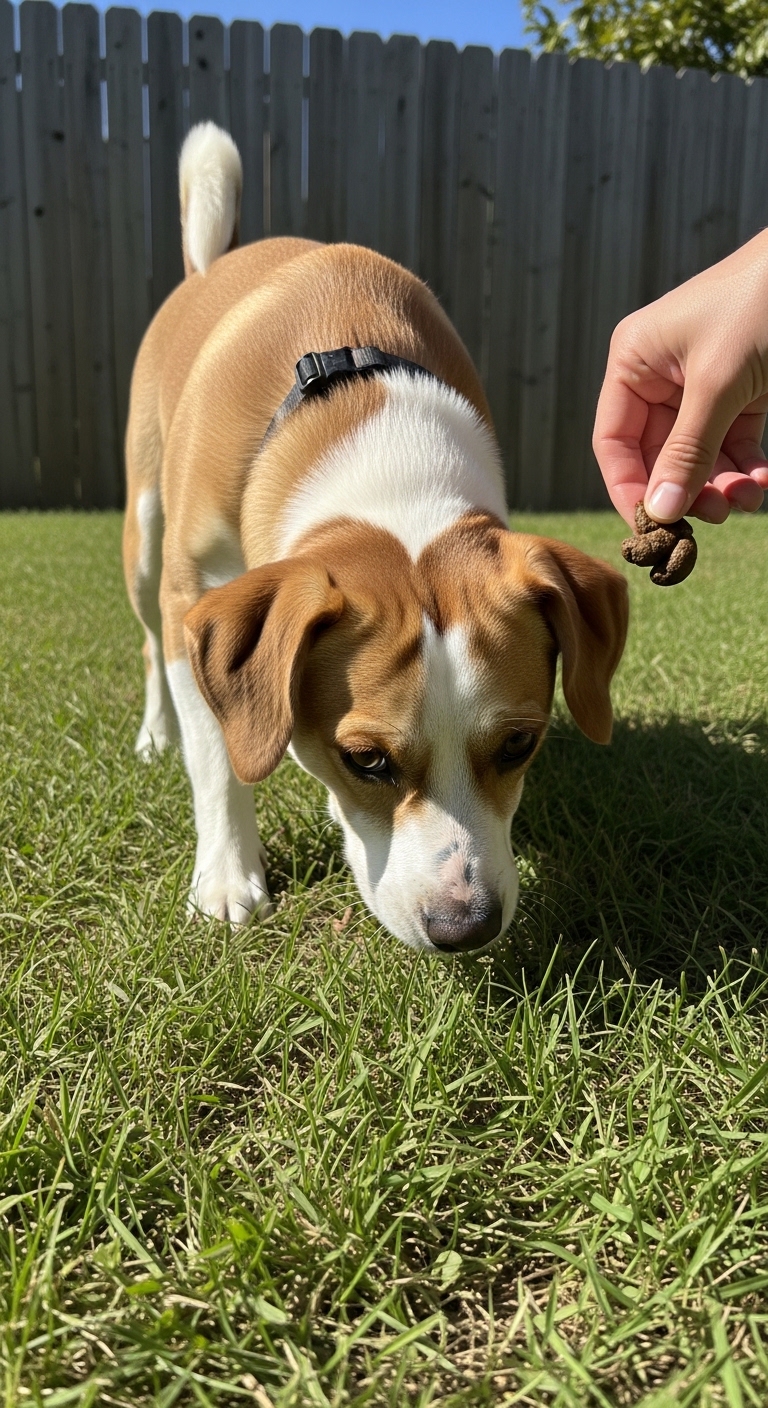 A dog is sniffing the ground and eating poop.