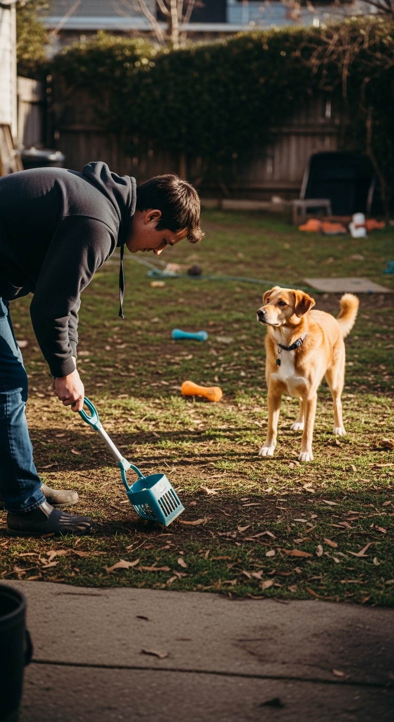 A man holding a blue tool to stop a dog from eating poop.
