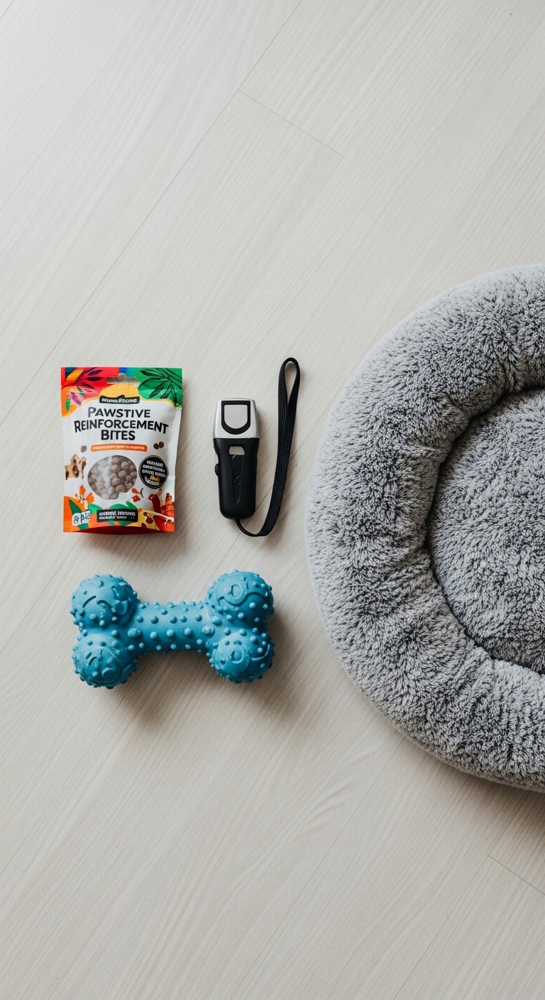 A dog bed with a blue dog toy on it.