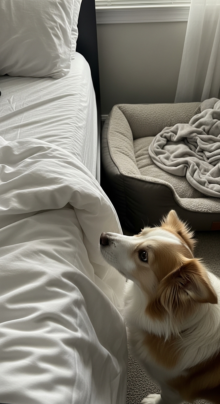 A dog looking at a bed.