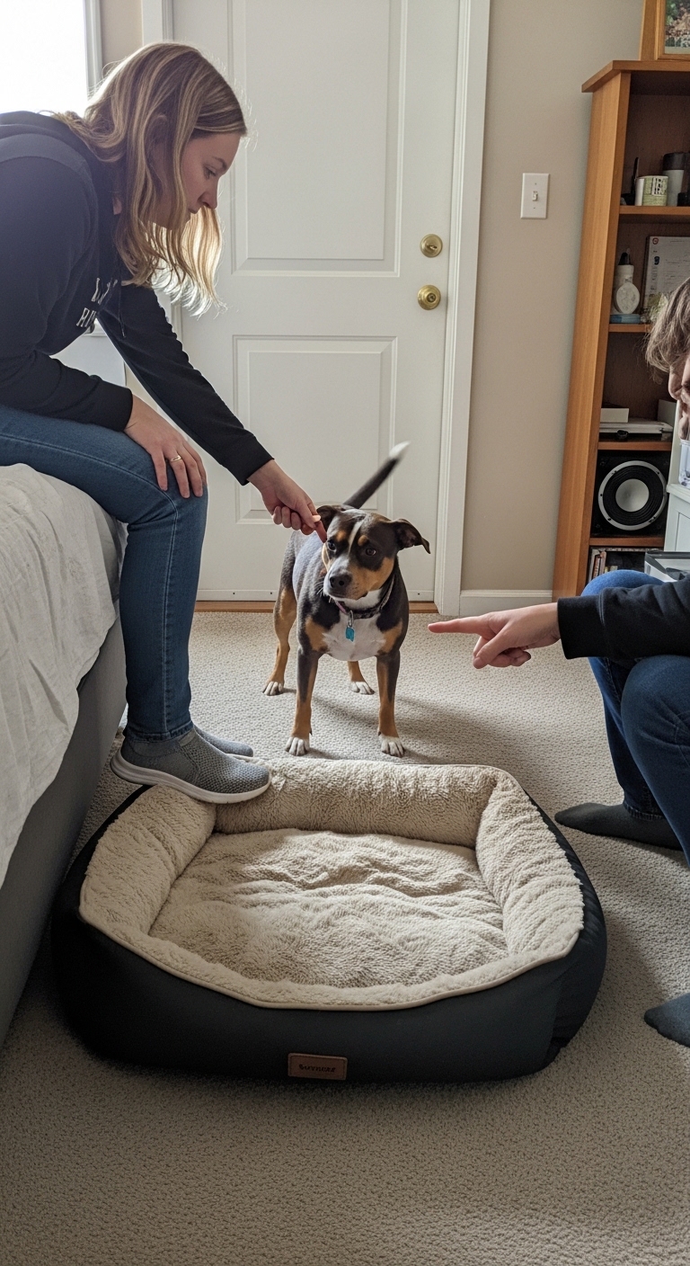 A dog is on a bed and a person is pointing at it.