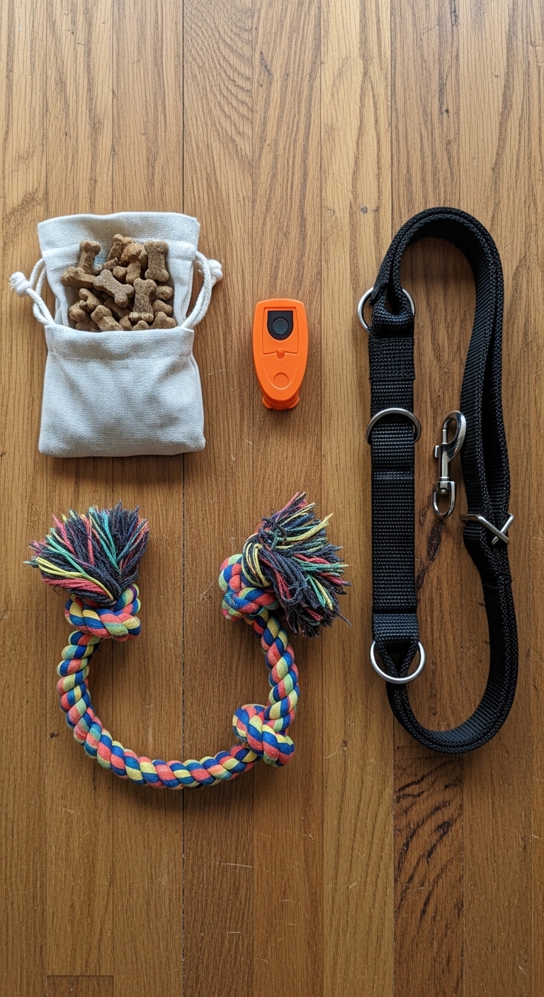 A bag of dog treats and a leash are on a table.