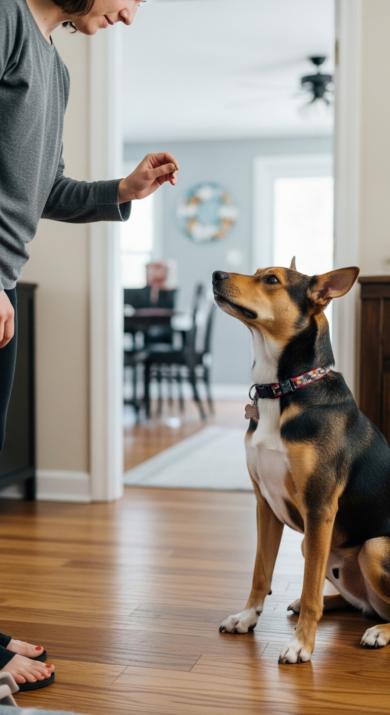 A dog is looking up at a person holding a treat.