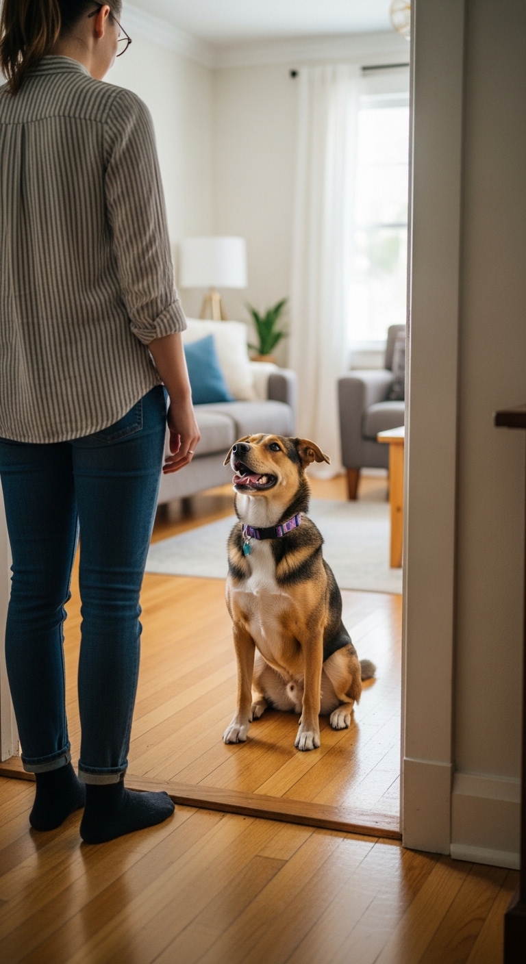 A dog is sitting on the floor in front of a person.