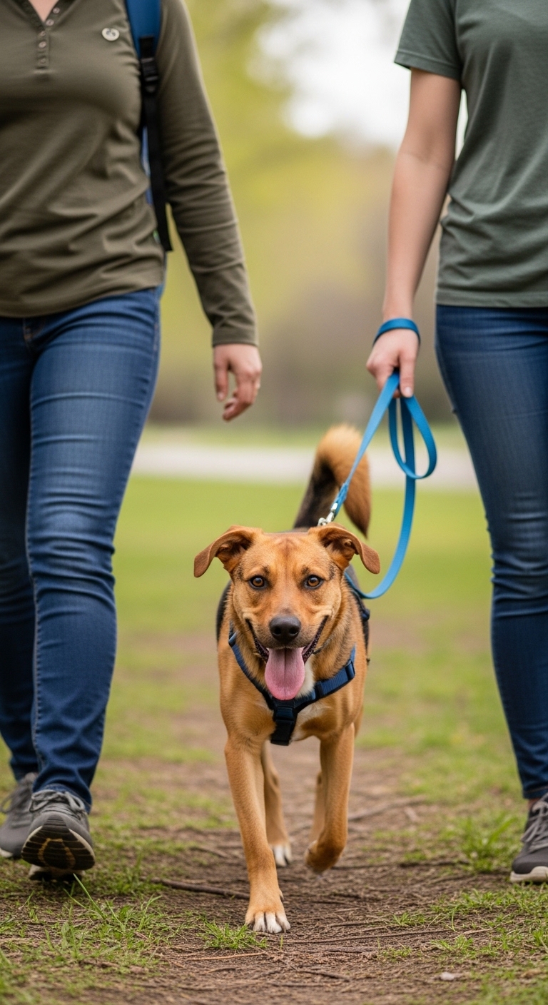 A dog on a leash being walked by two people.