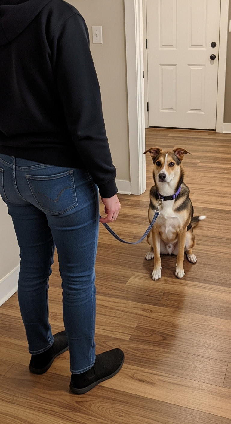 A red and black dog harness is on a table next to a blue leash.
