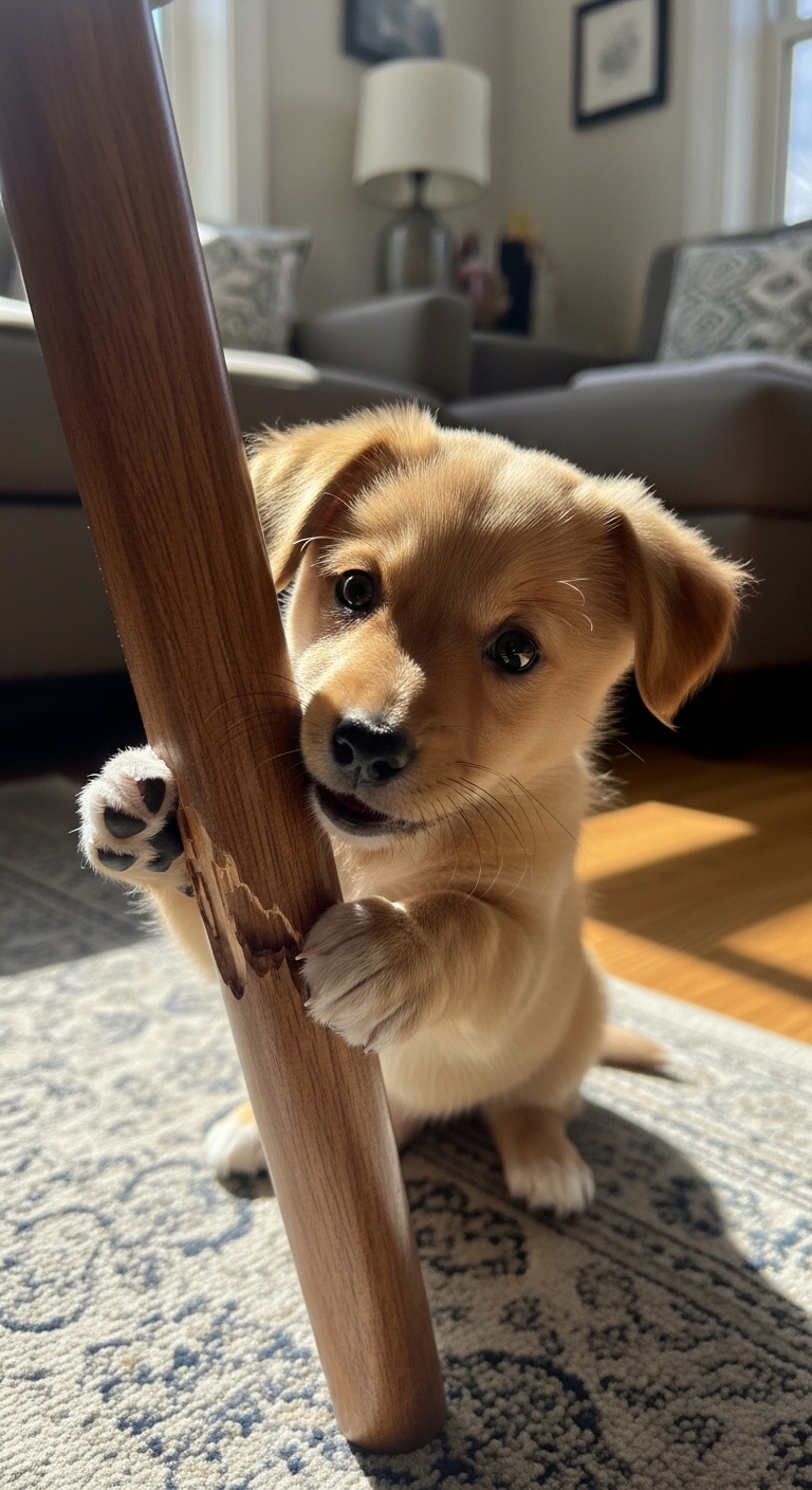 A small puppy chewing on a wooden pole.