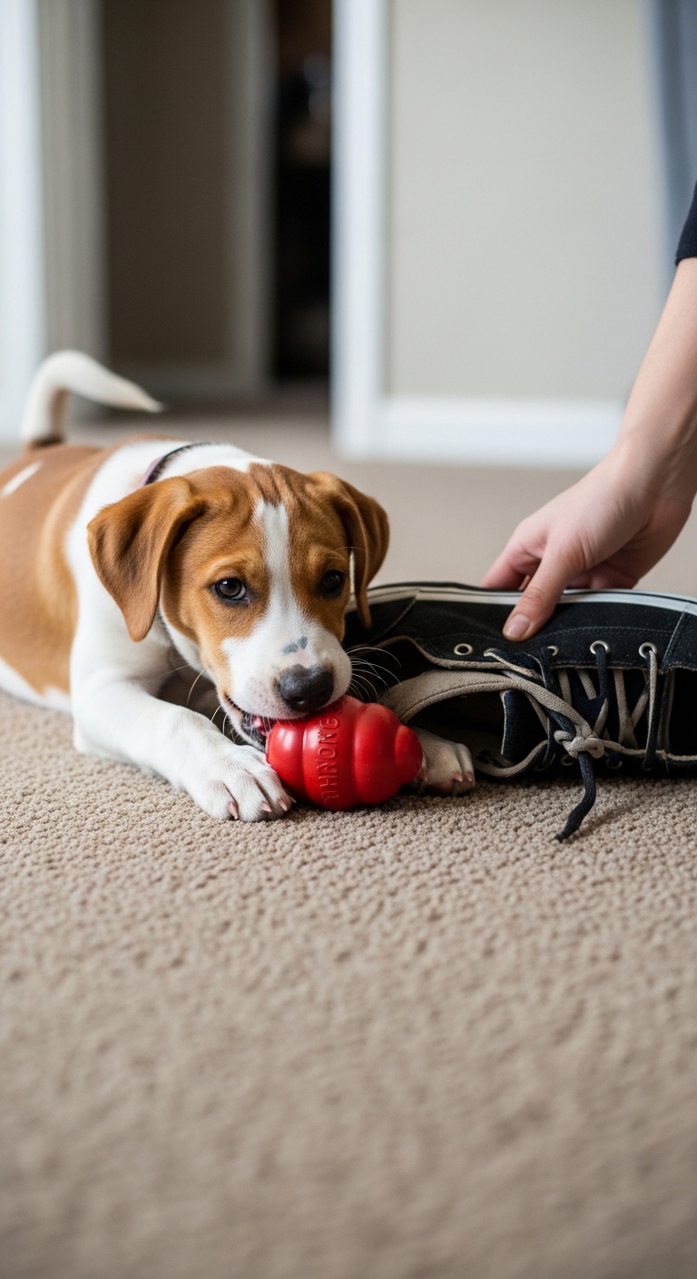 A dog chewing on a red ball.