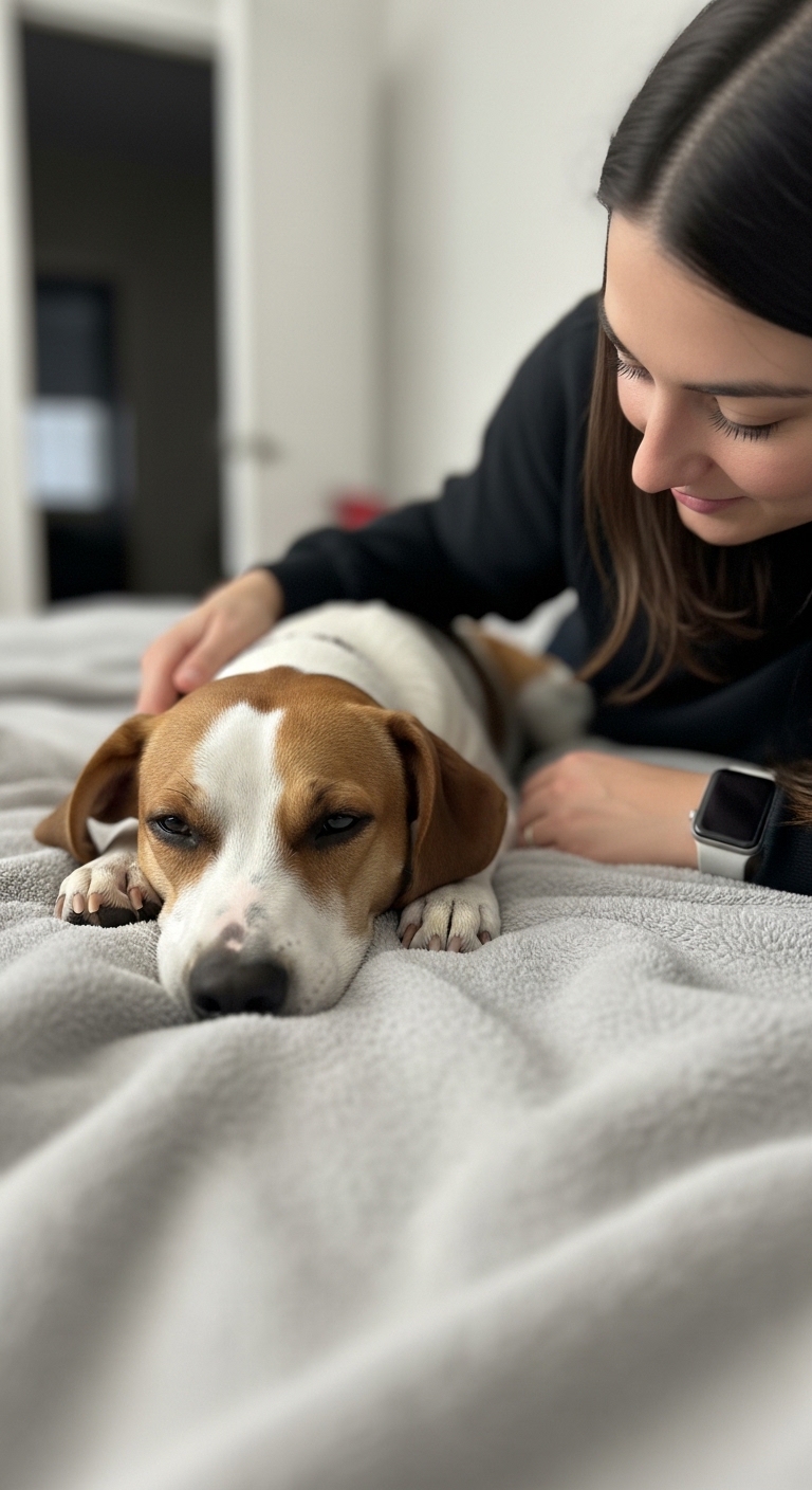 A woman is petting a dog that is laying on a bed.