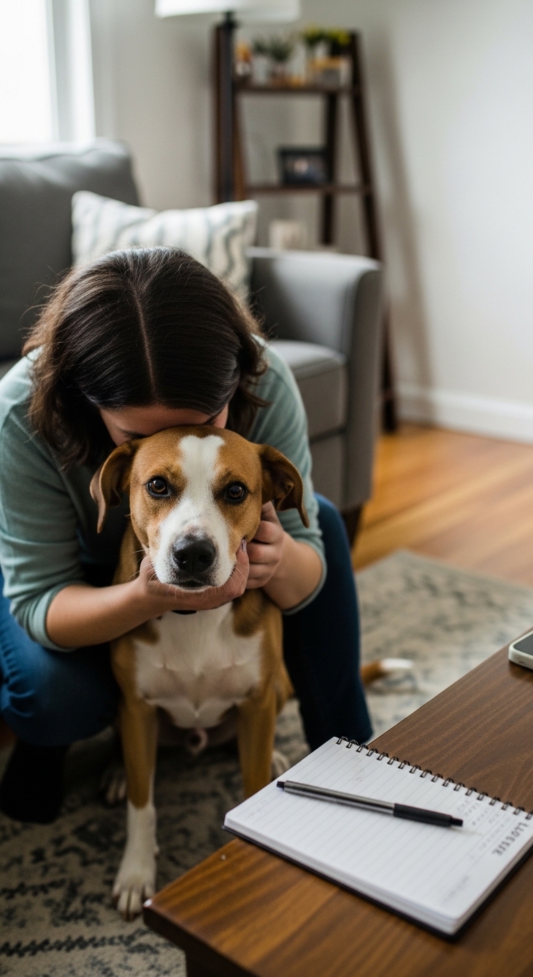 A woman holding a dog in her arms.