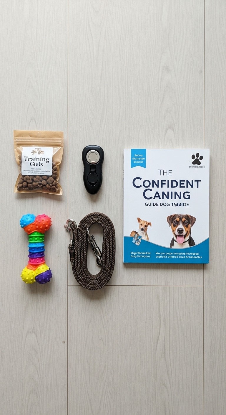 A book about training a dog is on a table with a leash, a dog toy, and a training aid.