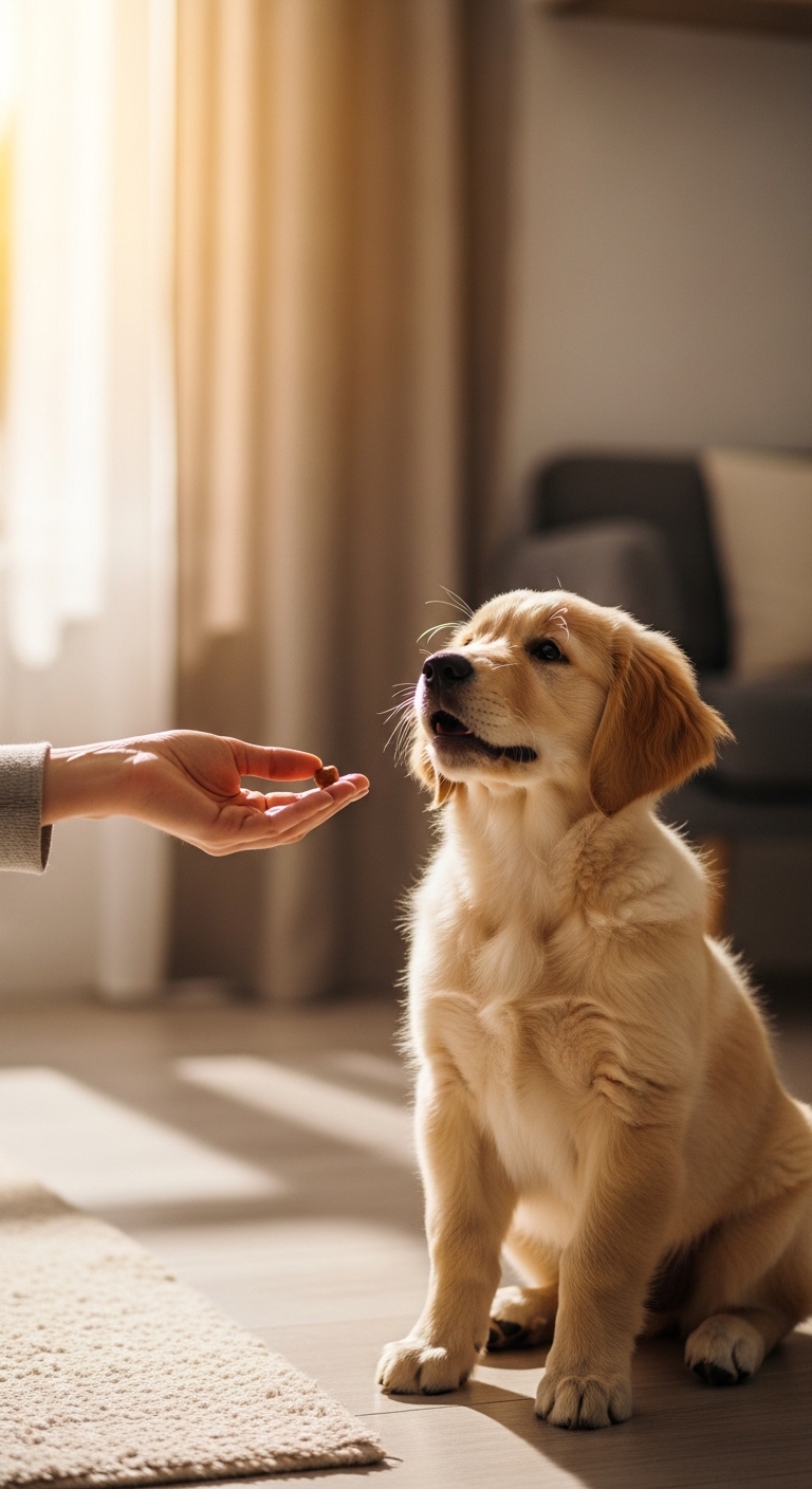 A person is feeding a dog a pill.