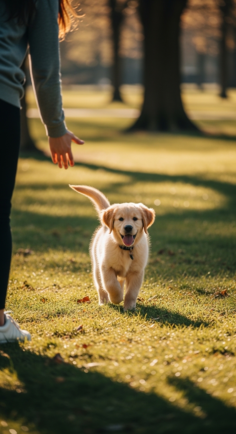 A person is training a dog to come when called.