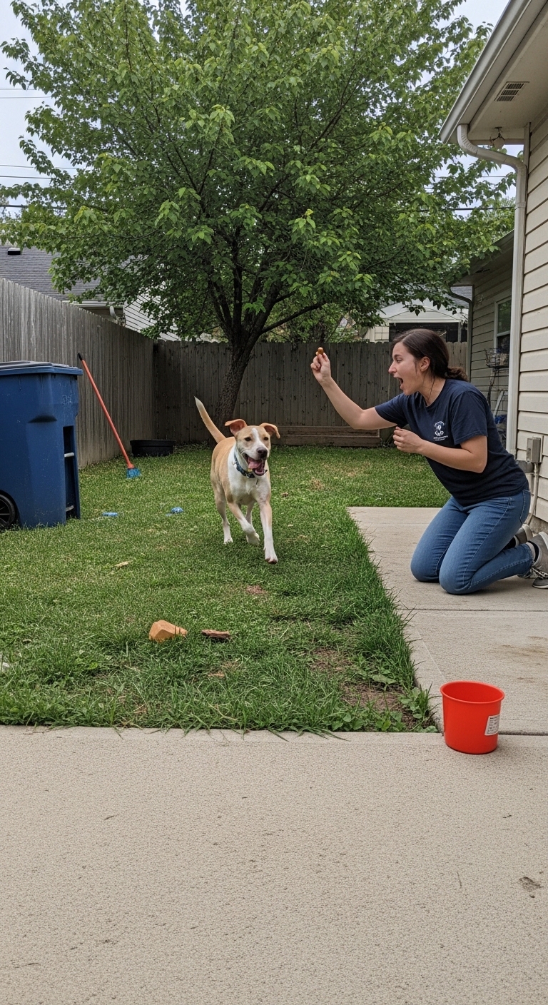 A woman is kneeling down on the ground with a dog on a leash.