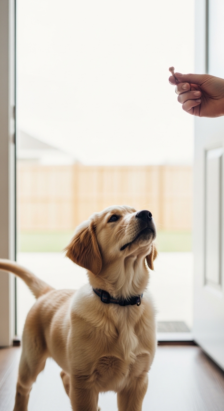 A person is teaching a puppy how to sit.