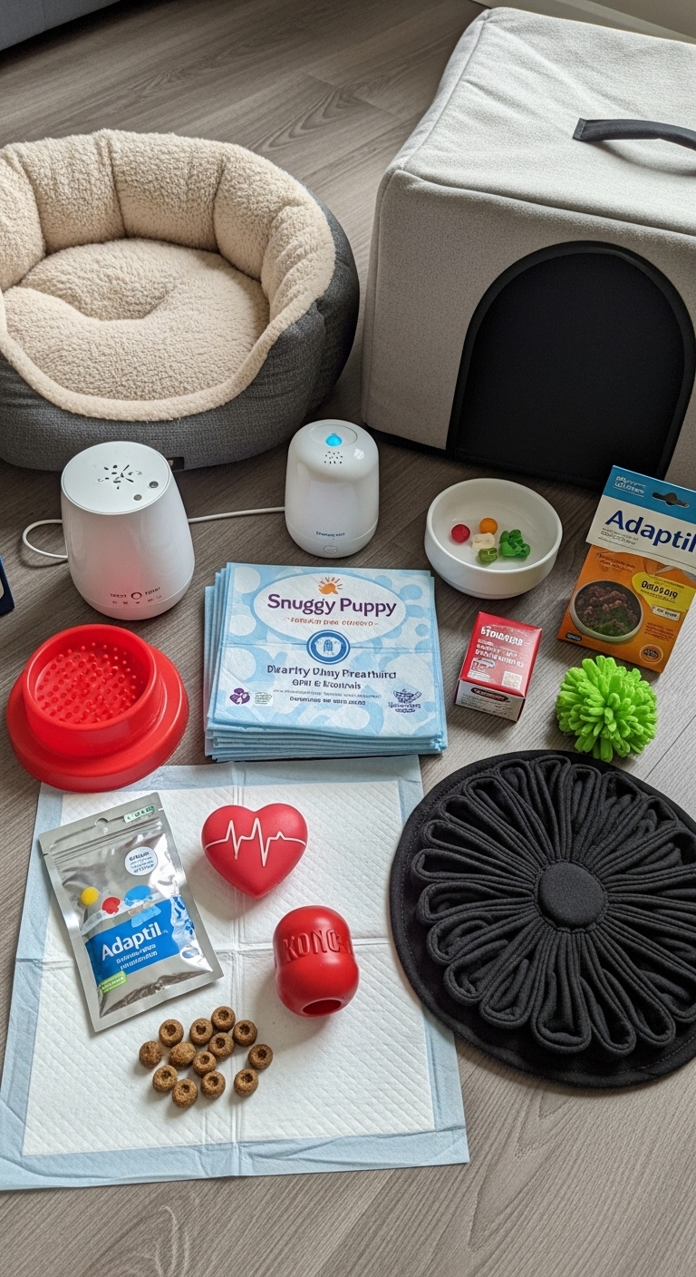 A collection of items for training a puppy to sleep at night.