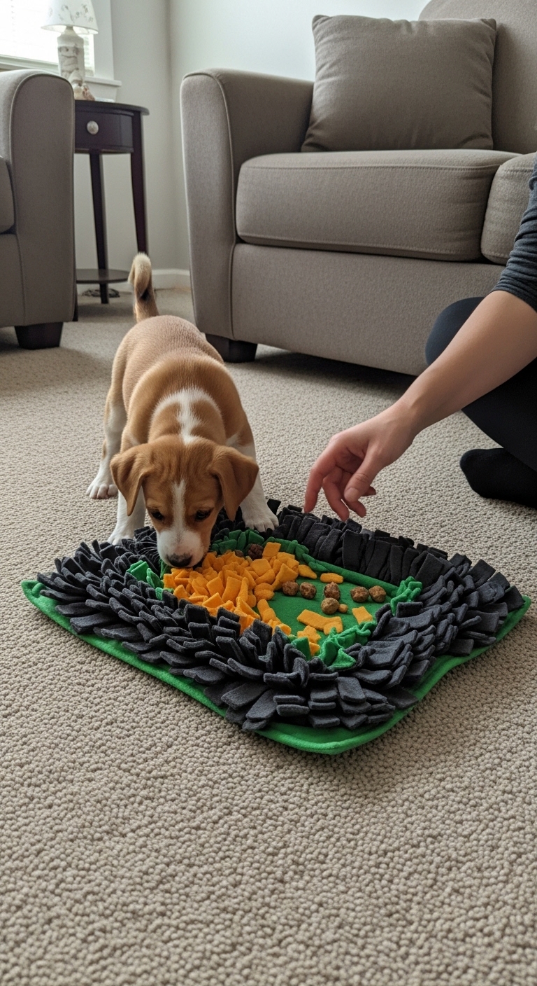 A dog is eating food off of a mat.