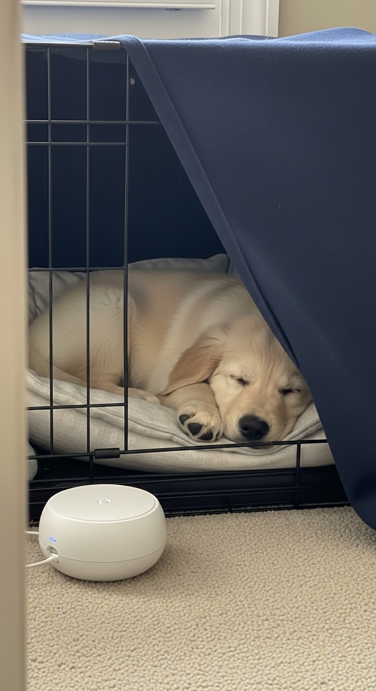 A puppy sleeping in a cage.