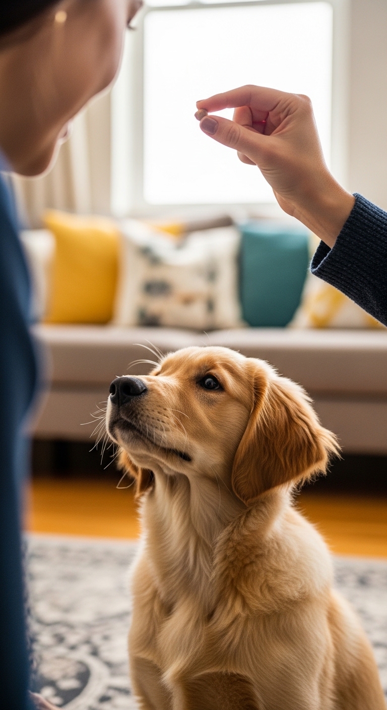 A person is teaching a dog how to sit.