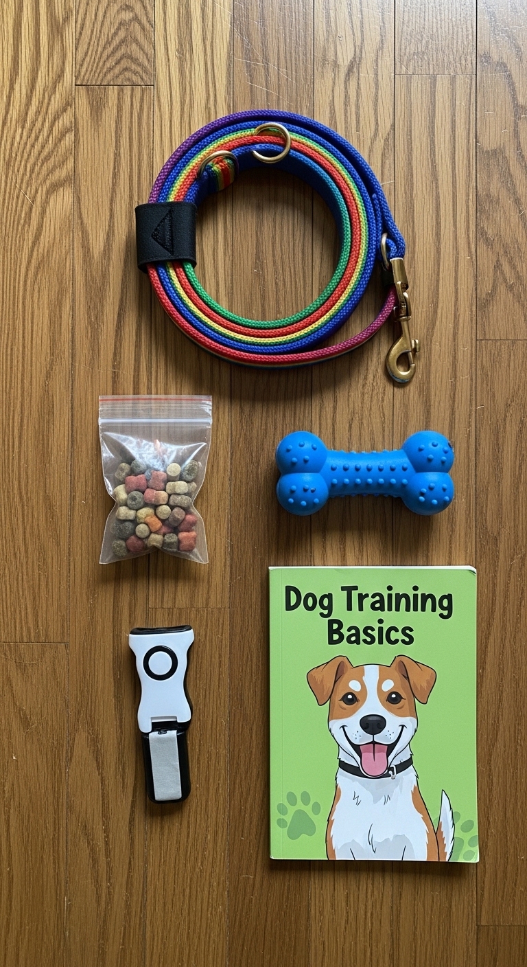 A book titled "Dog Training Basics" is on the floor.