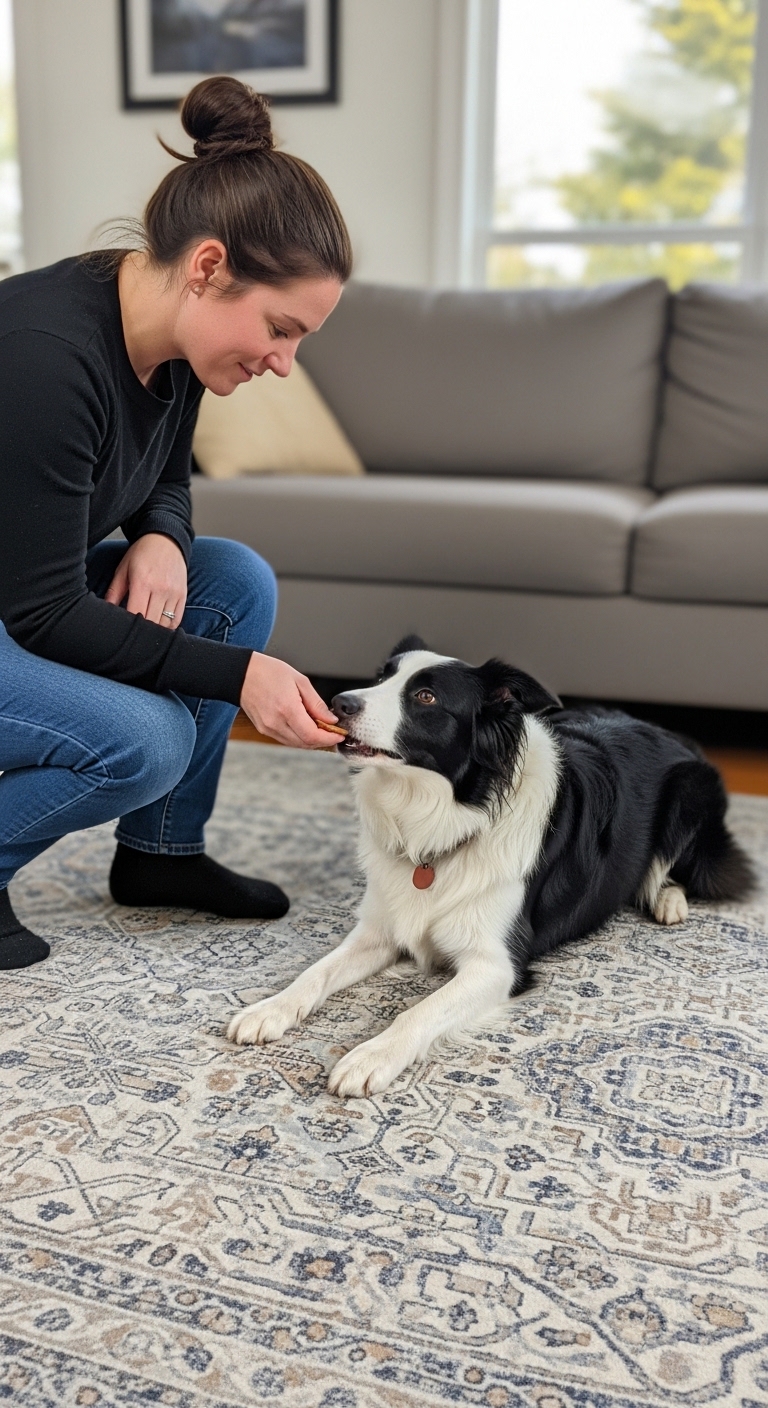 A woman is feeding a dog a treat.