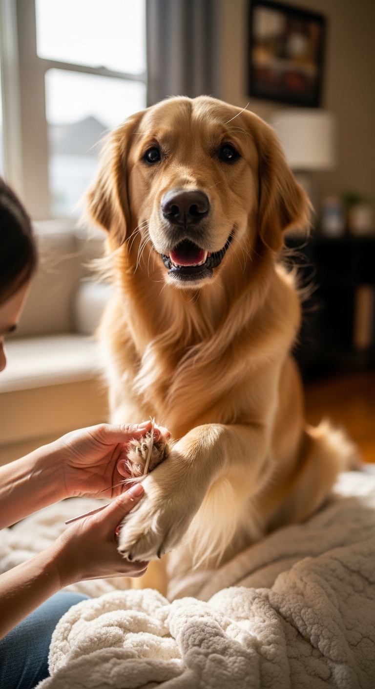 A woman is trimming a dog's nails.