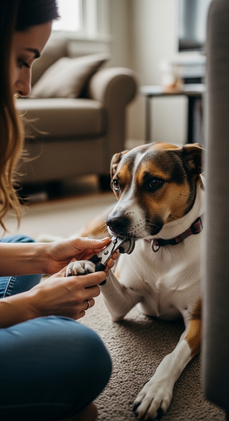 A woman is trimming her dog's nails.