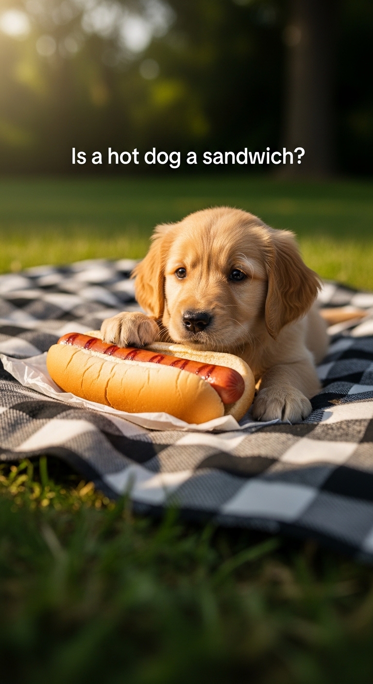 A small dog is eating a hot dog.